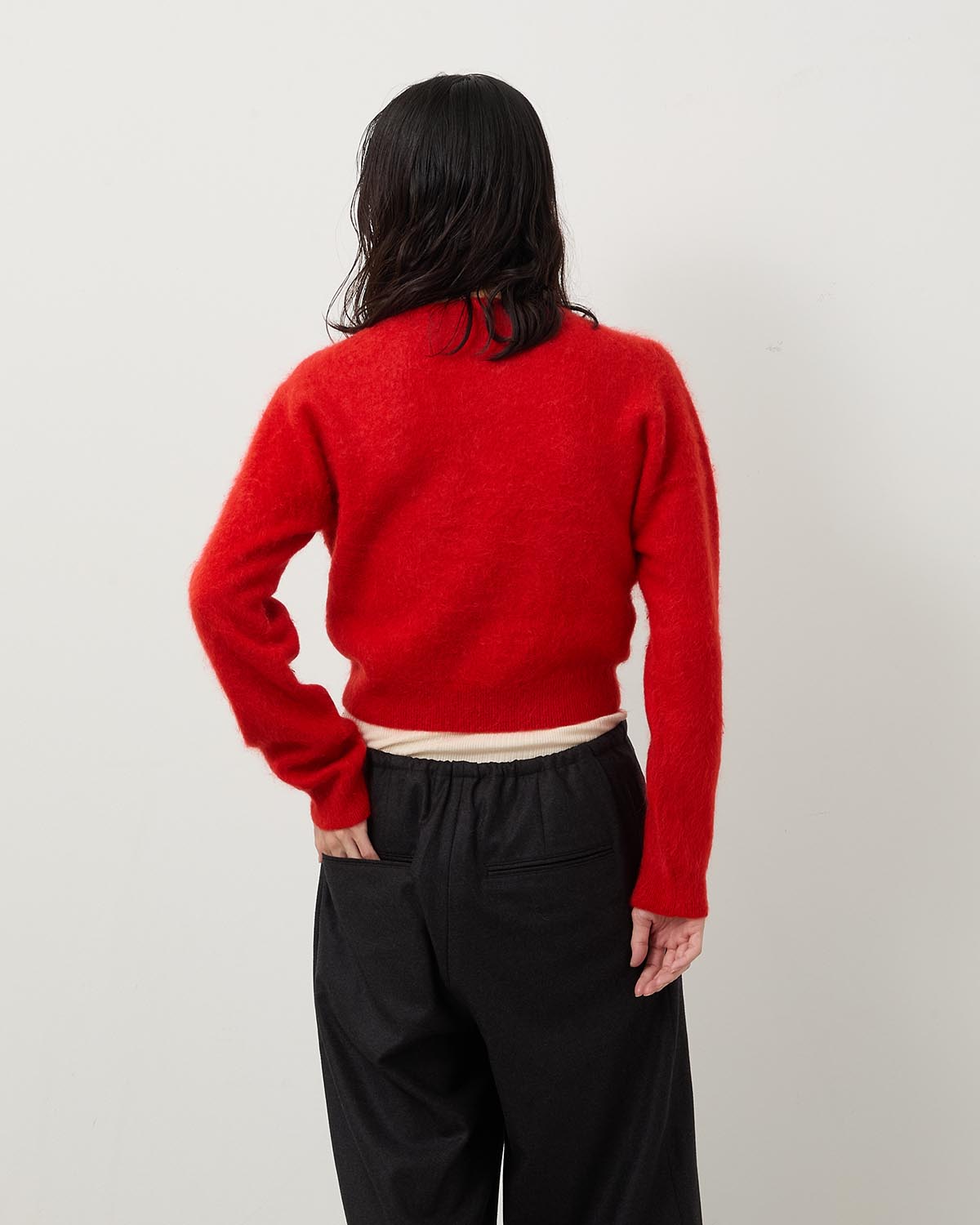 GARMENT-DYED BABY ALPACA FUR KNIT CREW-NECK CARDIGAN