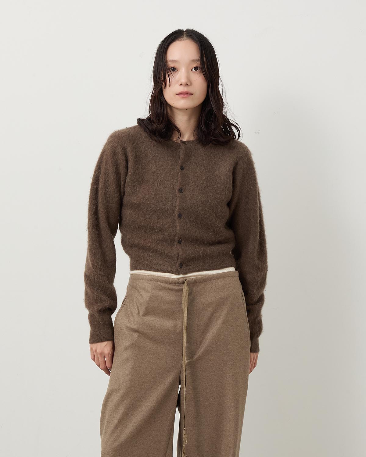 GARMENT-DYED BABY ALPACA FUR KNIT CREW-NECK CARDIGAN