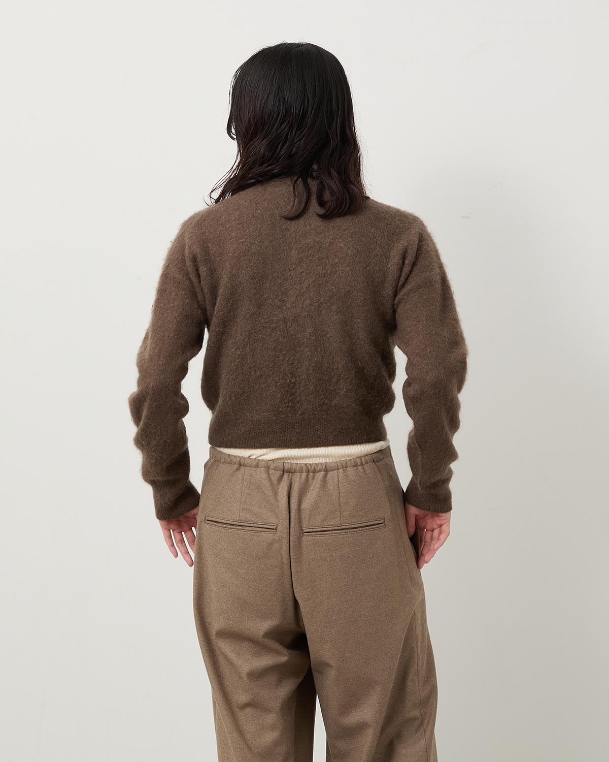 GARMENT-DYED BABY ALPACA FUR KNIT CREW-NECK CARDIGAN