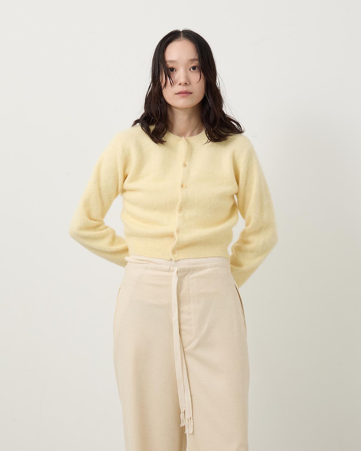 GARMENT-DYED BABY ALPACA FUR KNIT CREW-NECK CARDIGAN