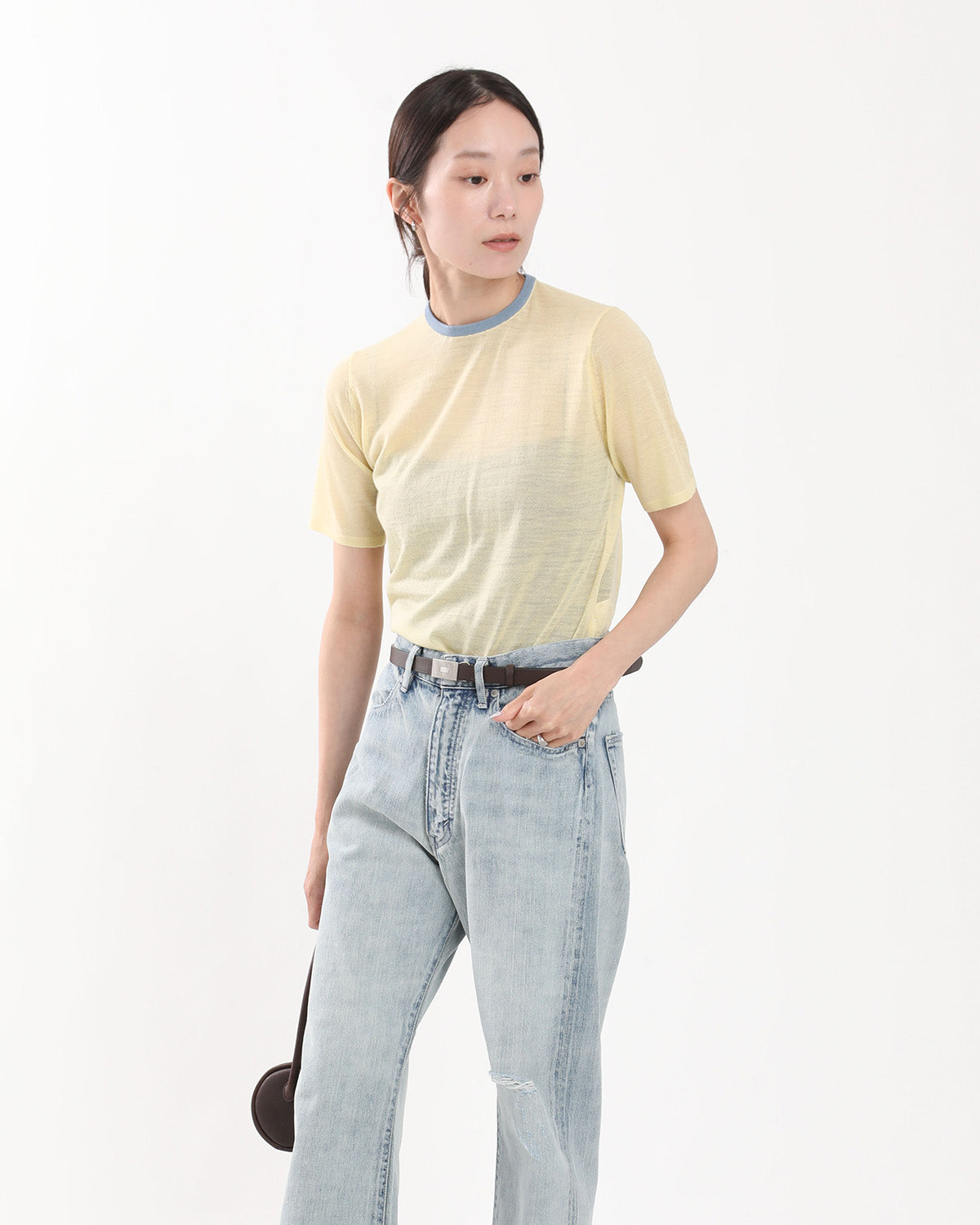 AURALEE シアーリブtee 0 light blue Hard Twist Cotton Border Tee - Light Green Border