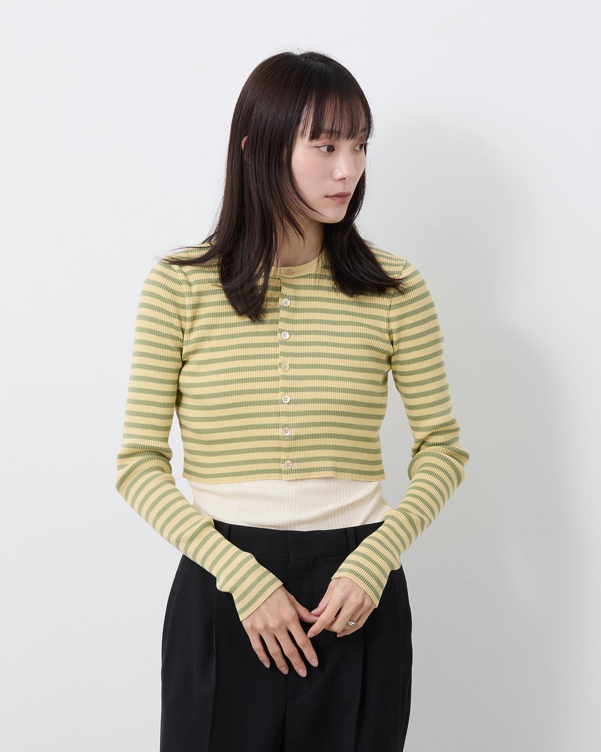 COTTON HIGH GAUGE RIB KNIT CROPPED CREW NECK CARDIGAN