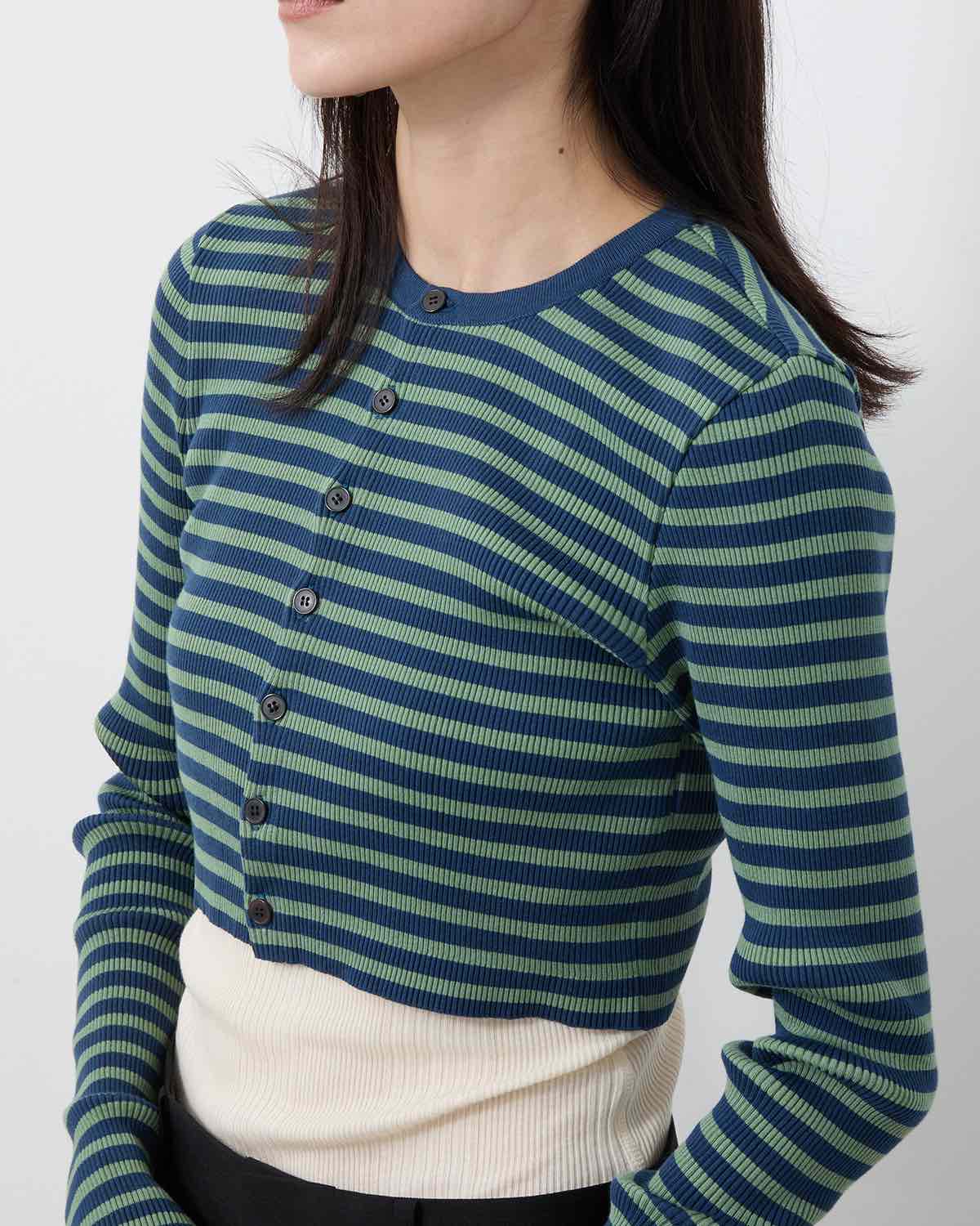 COTTON HIGH GAUGE RIB KNIT CROPPED CREW NECK CARDIGAN