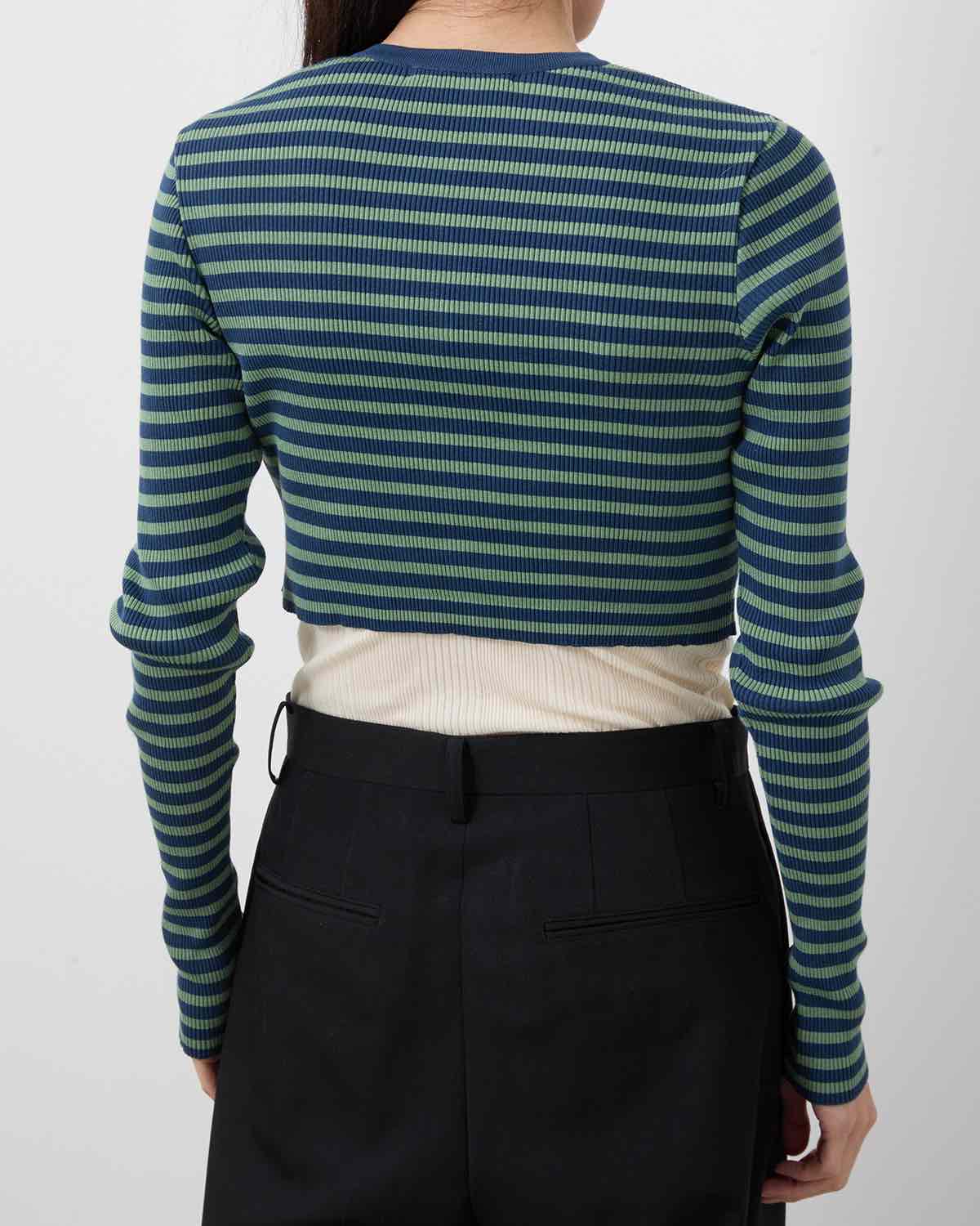 COTTON HIGH GAUGE RIB KNIT CROPPED CREW NECK CARDIGAN