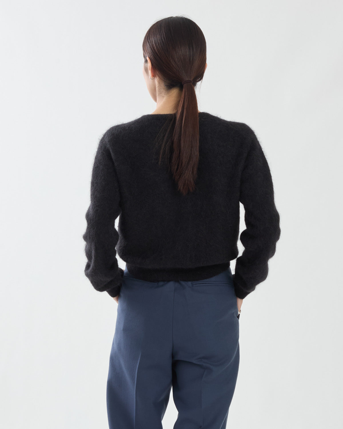 GARMENT-DYED BABY ALPACA FUR KNIT CREW-NECK CARDIGAN