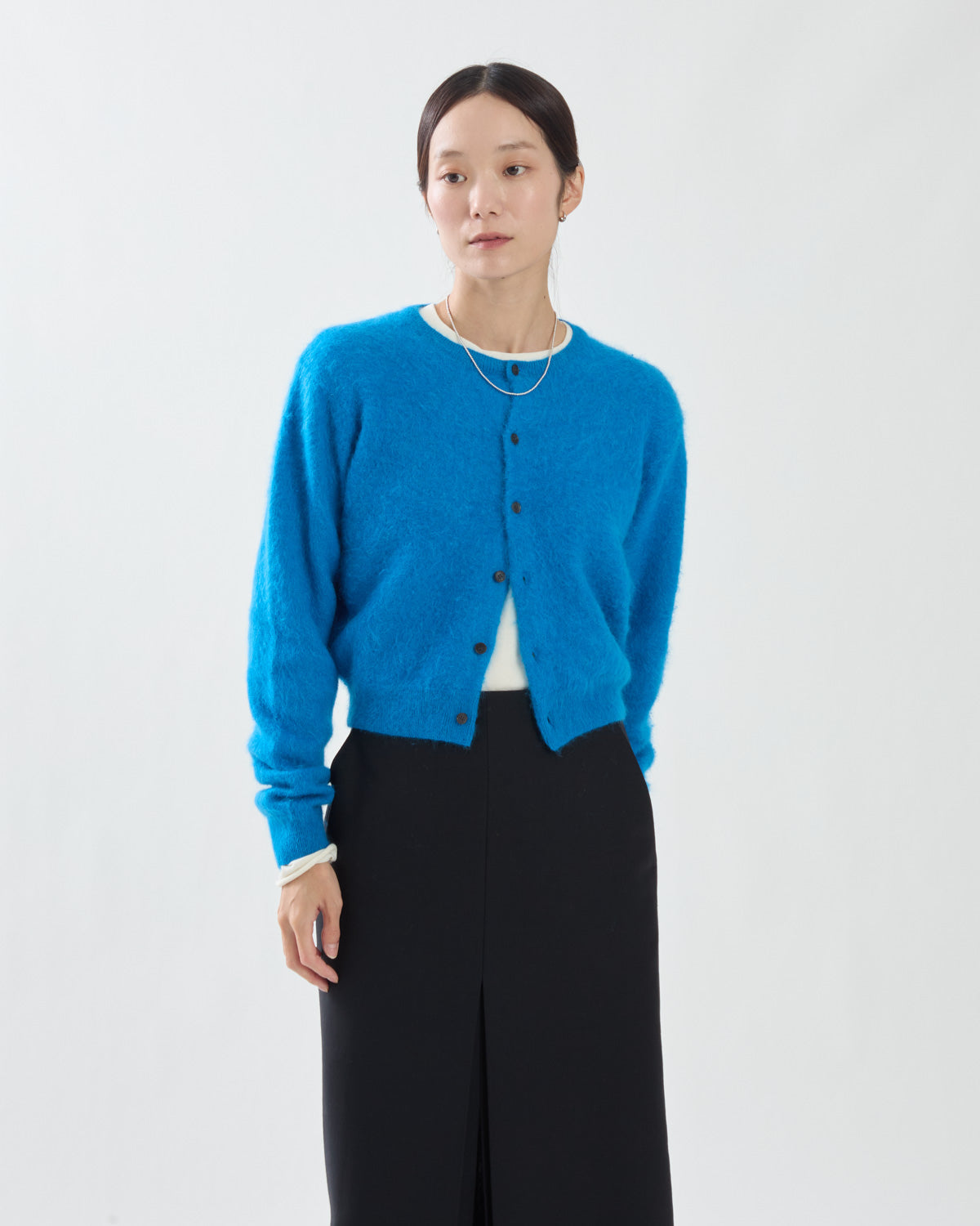 GARMENT-DYED BABY ALPACA FUR KNIT CREW-NECK CARDIGAN