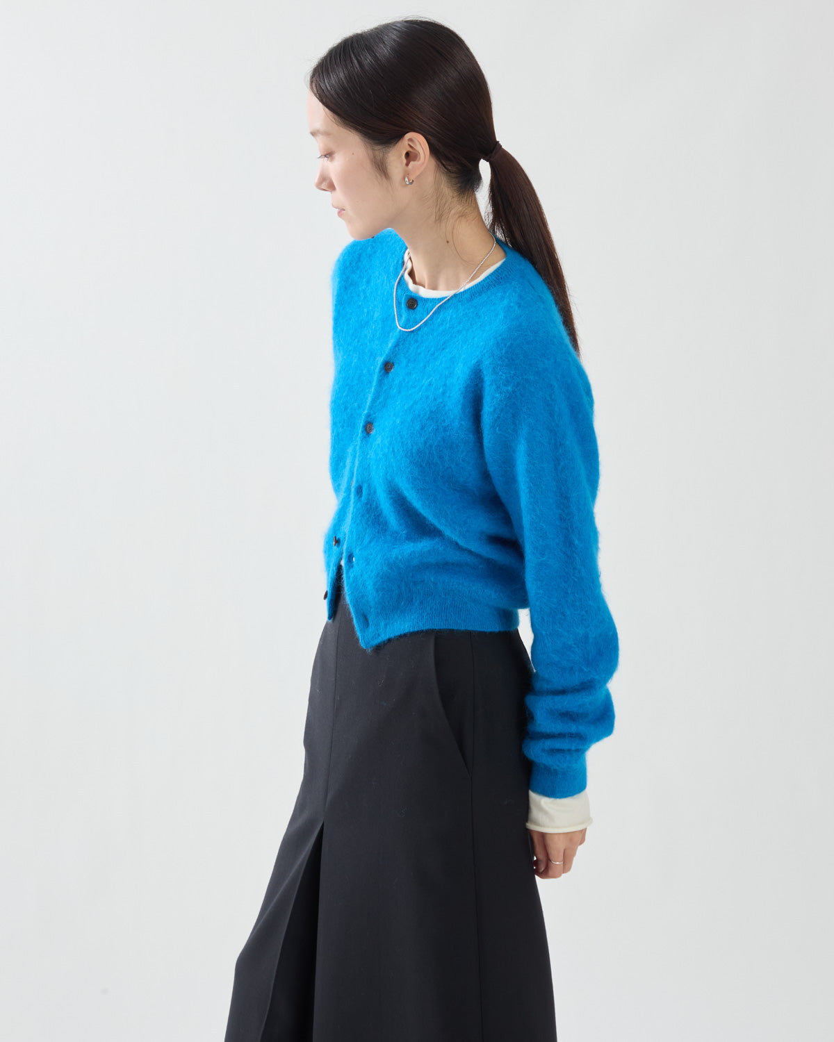 GARMENT-DYED BABY ALPACA FUR KNIT CREW-NECK CARDIGAN