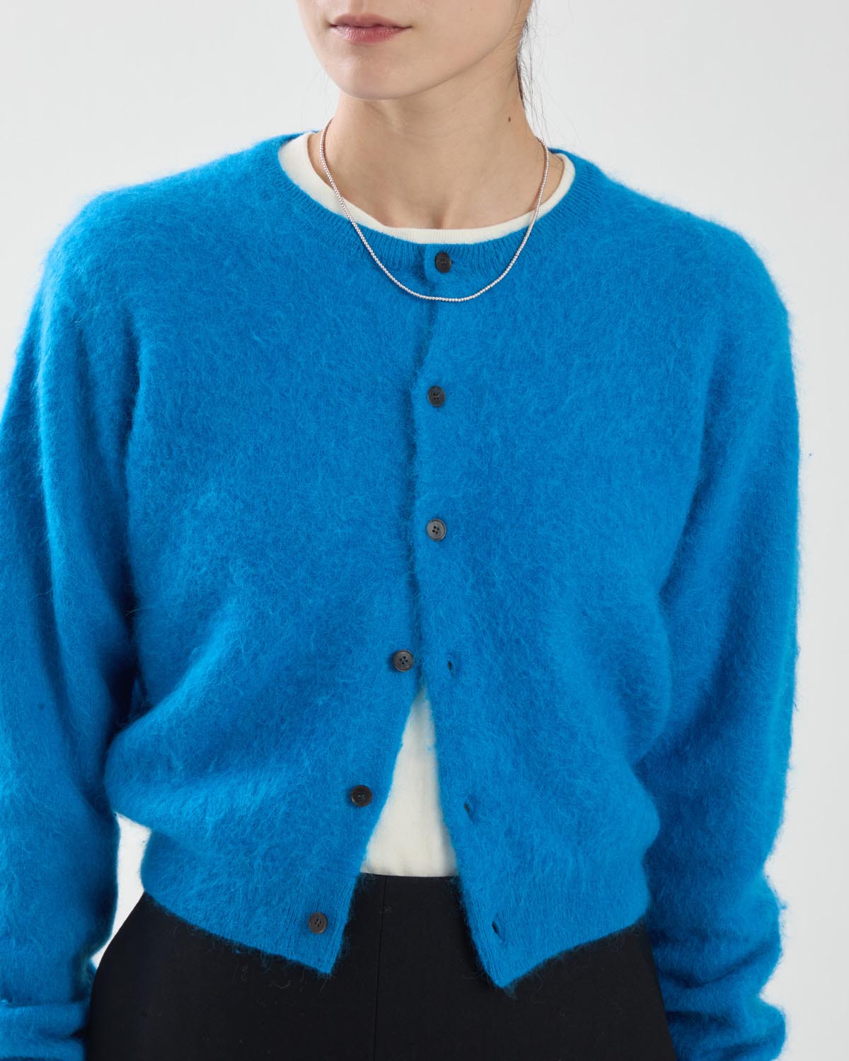 GARMENT-DYED BABY ALPACA FUR KNIT CREW-NECK CARDIGAN