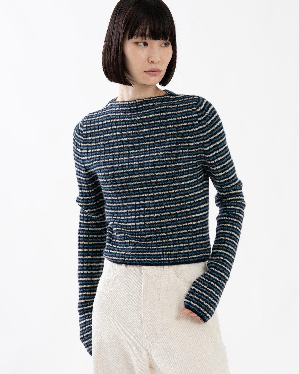 SHETLAND WOOL CASHMERE RIB KNIT BOAT-NECK P/O