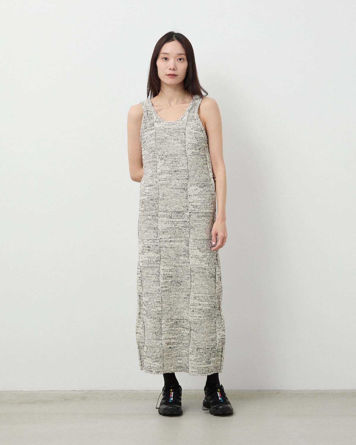 STRUCTURED COTTON LINEN PANEL KNIT MINI DRESS