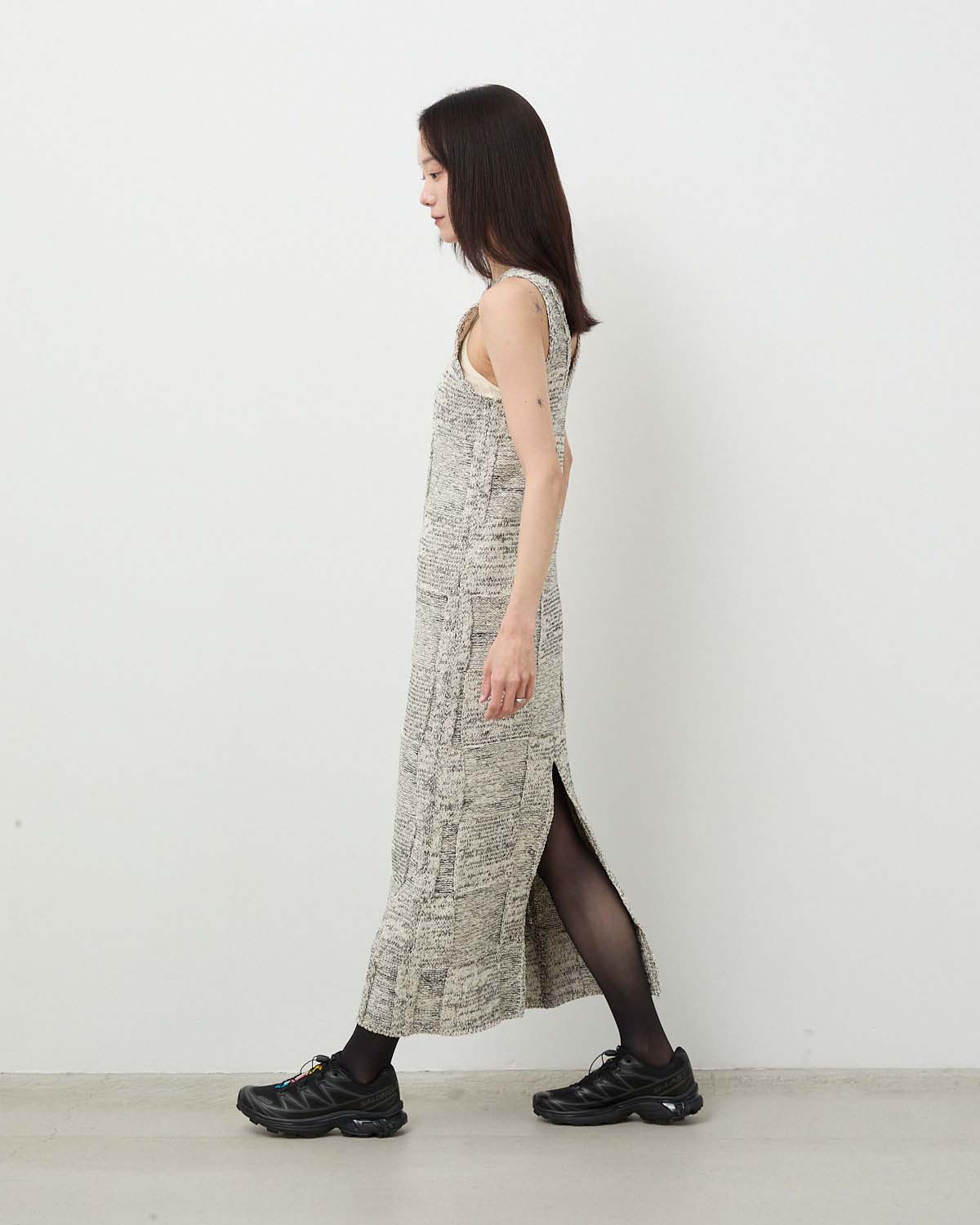 STRUCTURED COTTON LINEN PANEL KNIT MINI DRESS