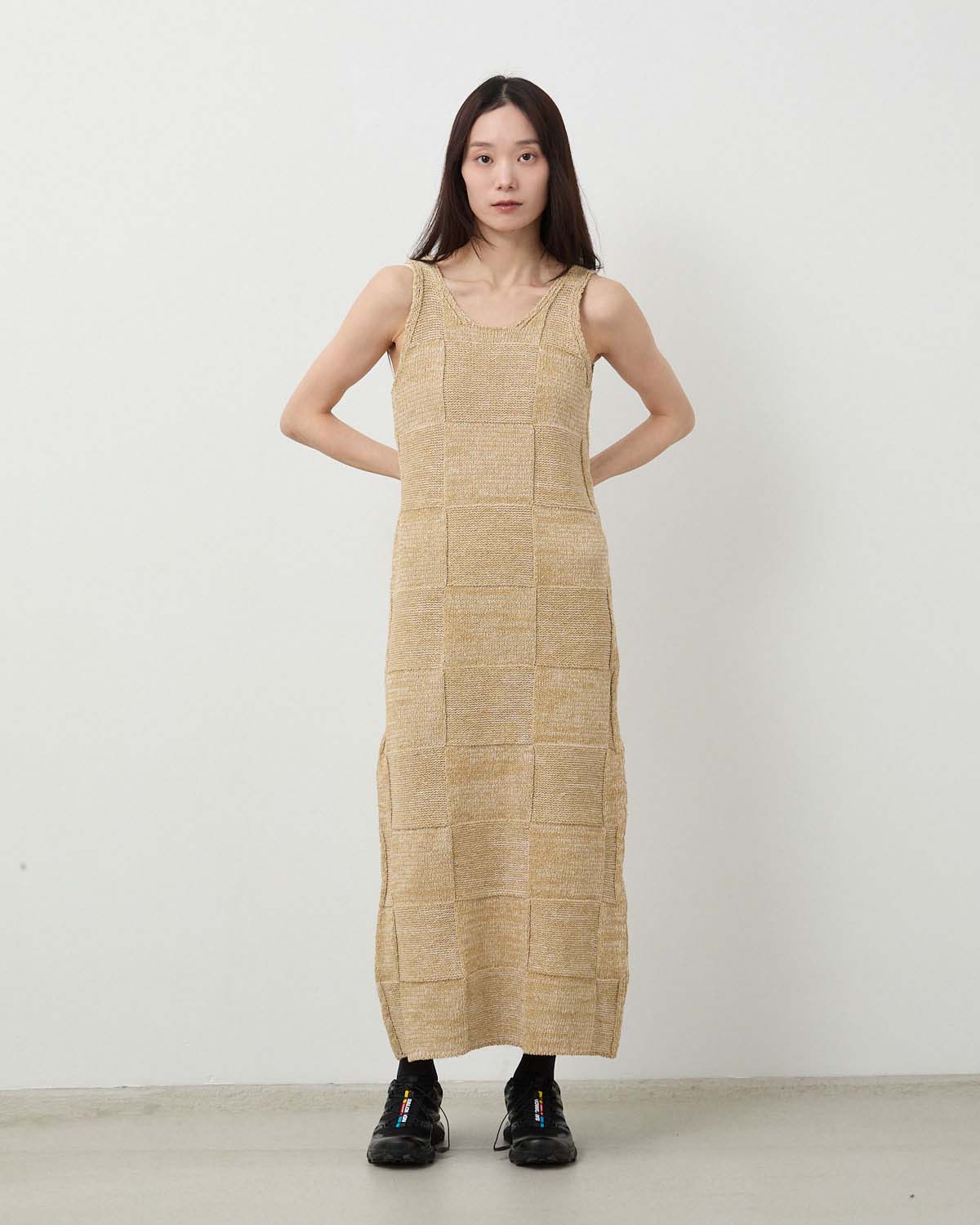 STRUCTURED COTTON LINEN PANEL KNIT MINI DRESS