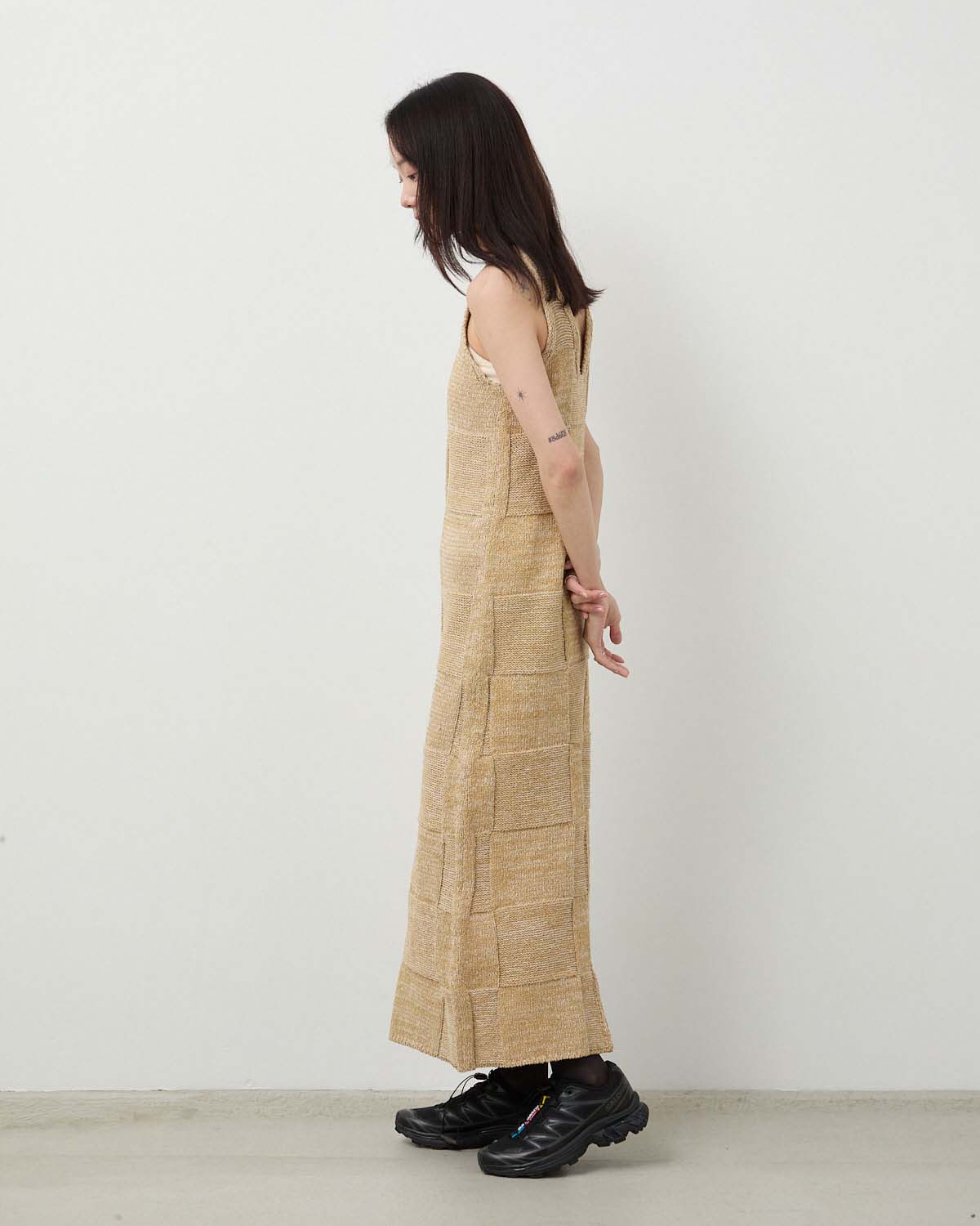 STRUCTURED COTTON LINEN PANEL KNIT MINI DRESS