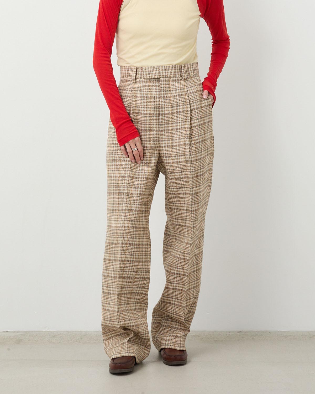 SILK LINEN NEP CHECK ONE-TUCK SLACKS (WOMEN'S)