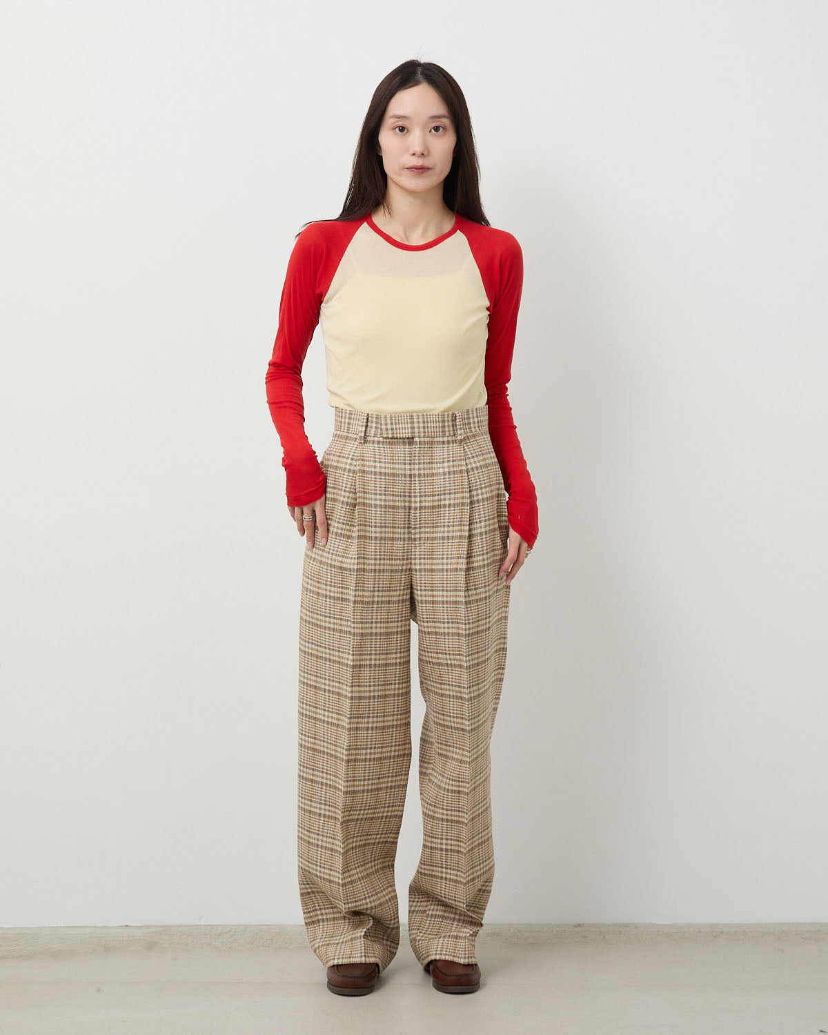 SILK LINEN NEP CHECK ONE-TUCK SLACKS (WOMEN'S)