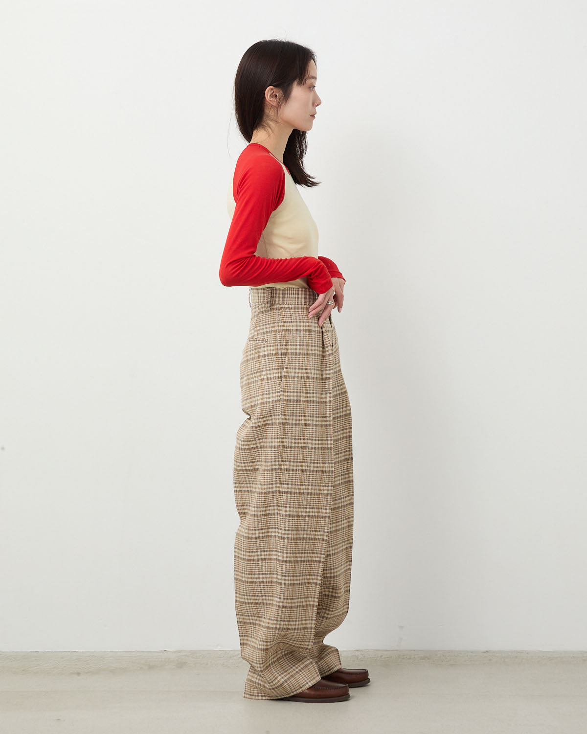 SILK LINEN NEP CHECK ONE-TUCK SLACKS (WOMEN'S)