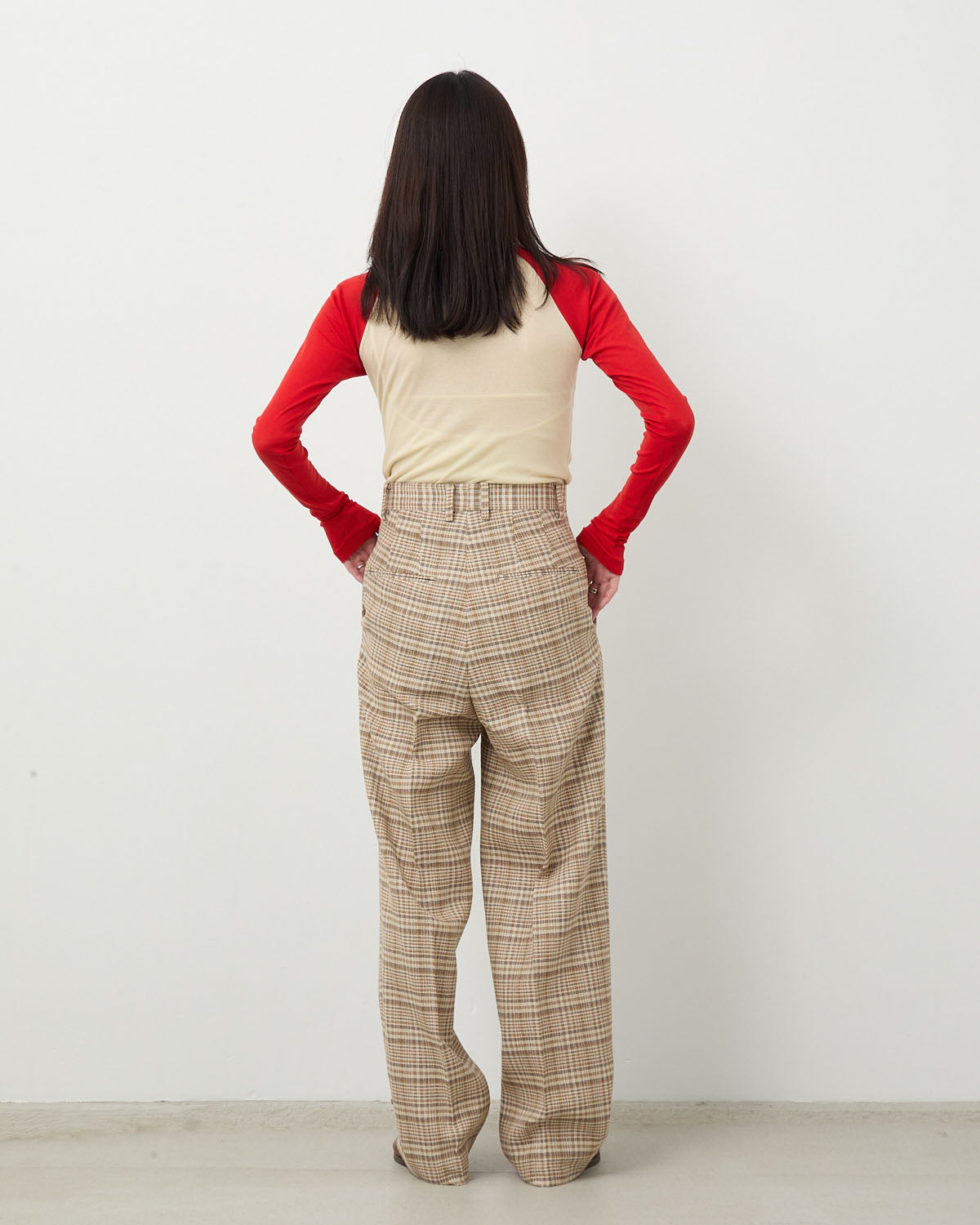 SILK LINEN NEP CHECK ONE-TUCK SLACKS (WOMEN'S)