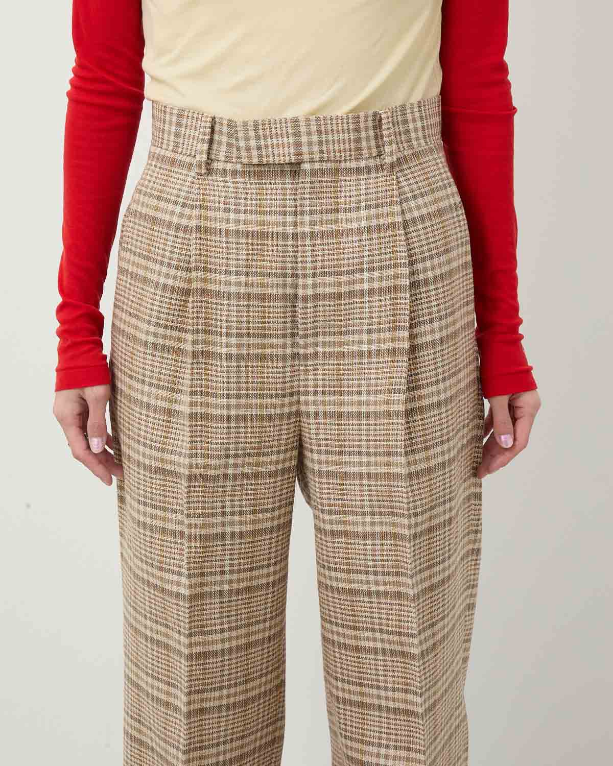 SILK LINEN NEP CHECK ONE-TUCK SLACKS (WOMEN'S)