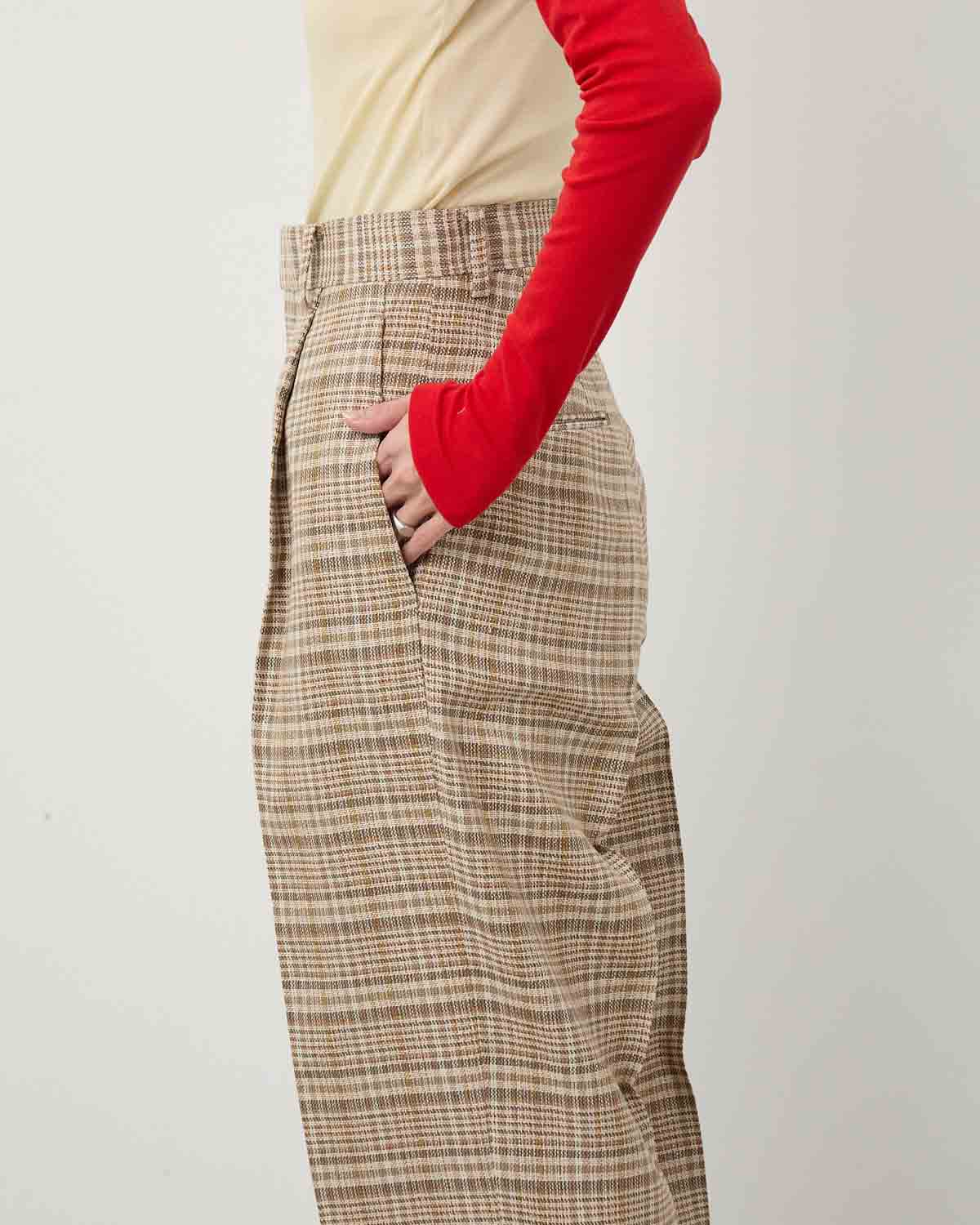 SILK LINEN NEP CHECK ONE-TUCK SLACKS (WOMEN'S)