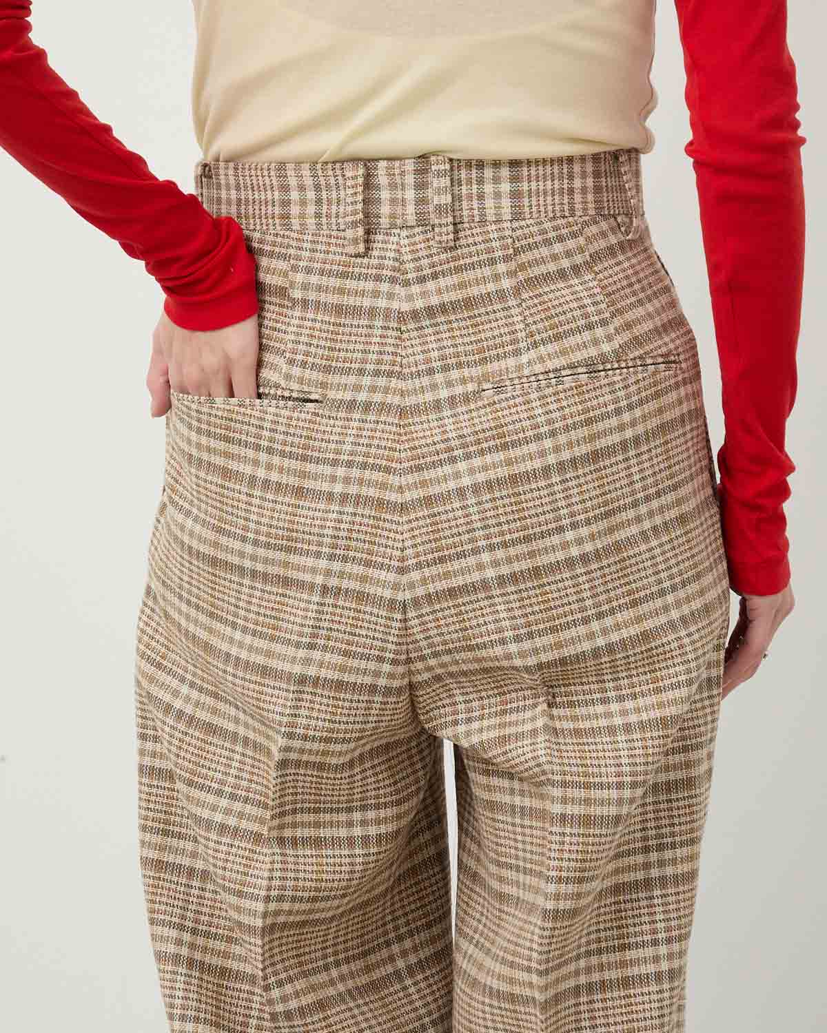 SILK LINEN NEP CHECK ONE-TUCK SLACKS (WOMEN'S)