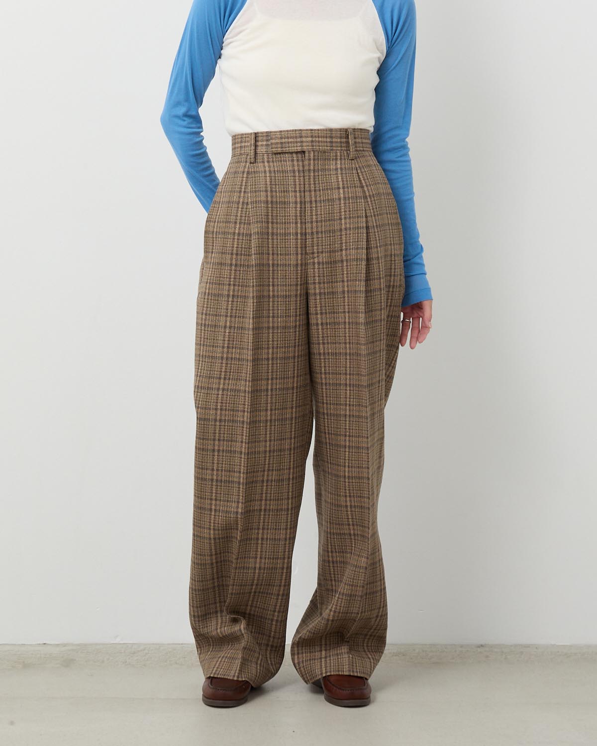SILK LINEN NEP CHECK ONE-TUCK SLACKS (WOMEN'S)