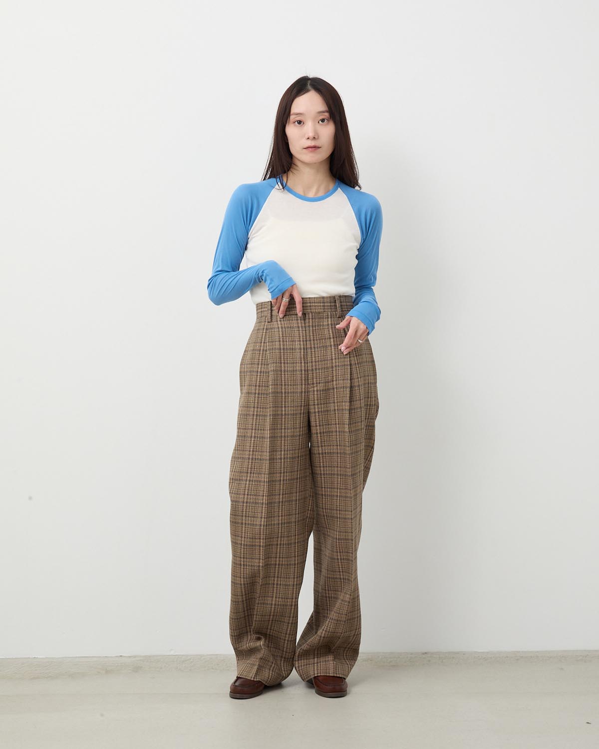 SILK LINEN NEP CHECK ONE-TUCK SLACKS (WOMEN'S)