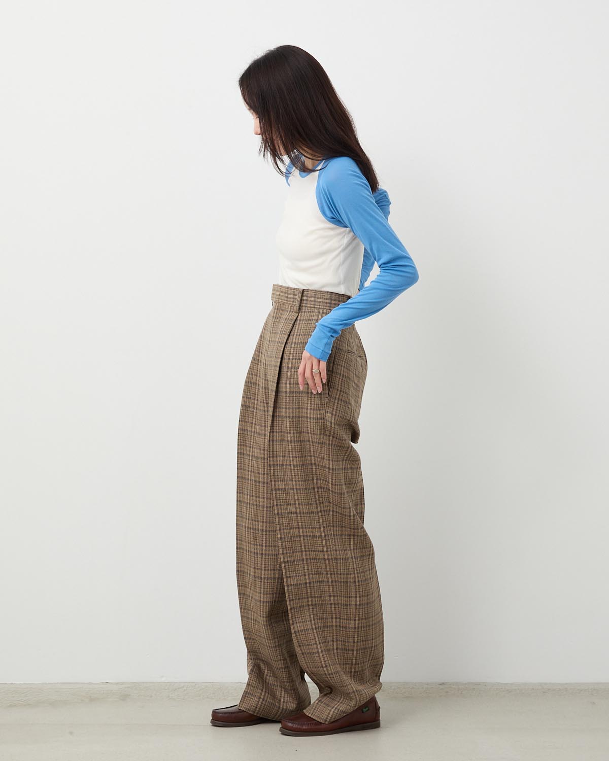 SILK LINEN NEP CHECK ONE-TUCK SLACKS (WOMEN'S)
