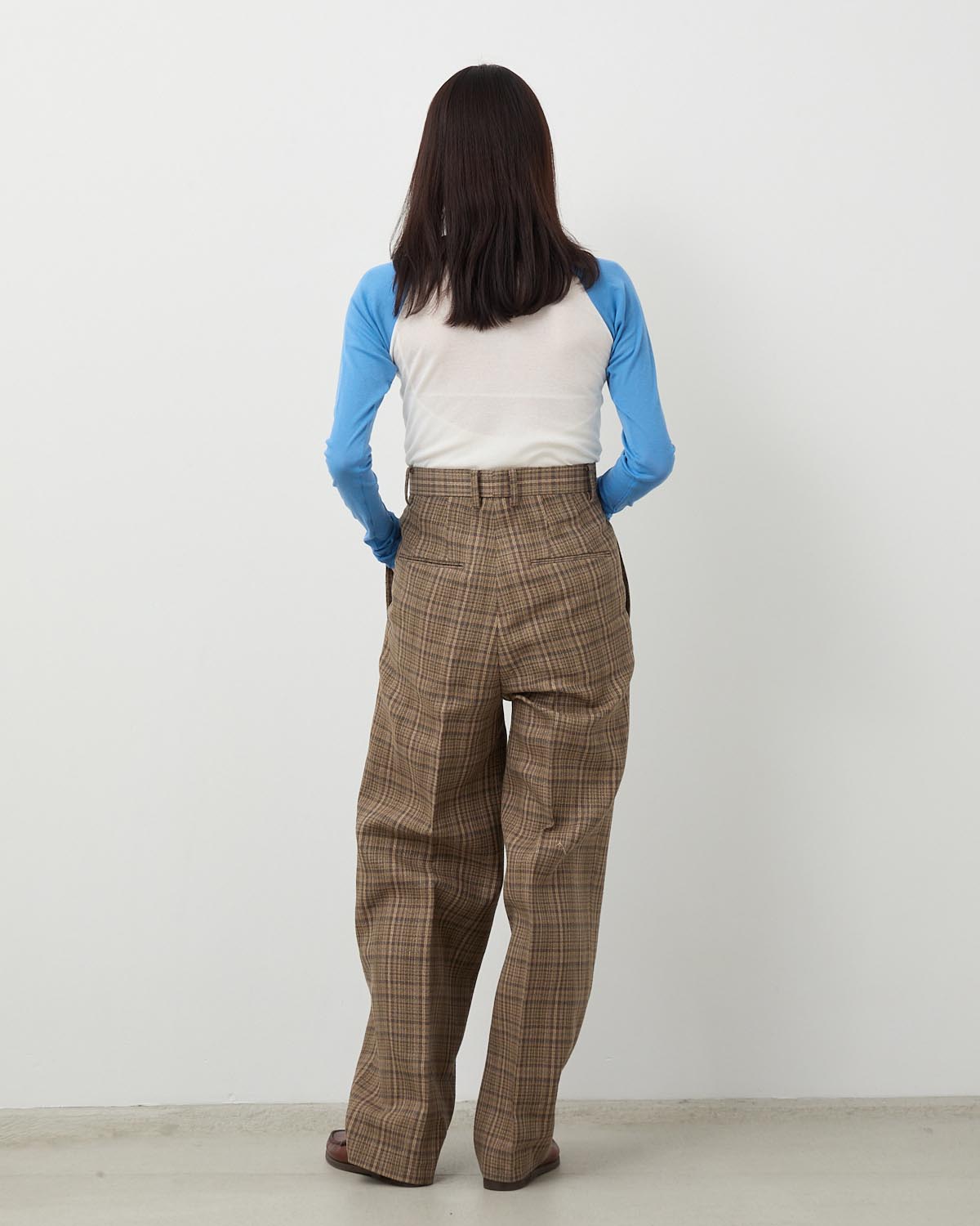SILK LINEN NEP CHECK ONE-TUCK SLACKS (WOMEN'S)