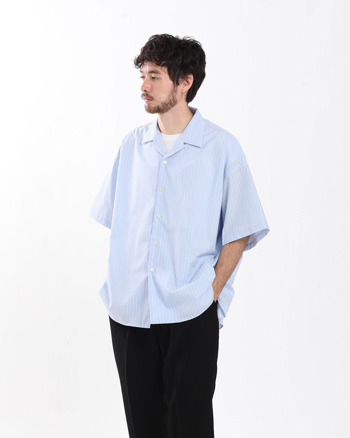 COTTON STRIPE OPEN COLLAR SS SHIRT