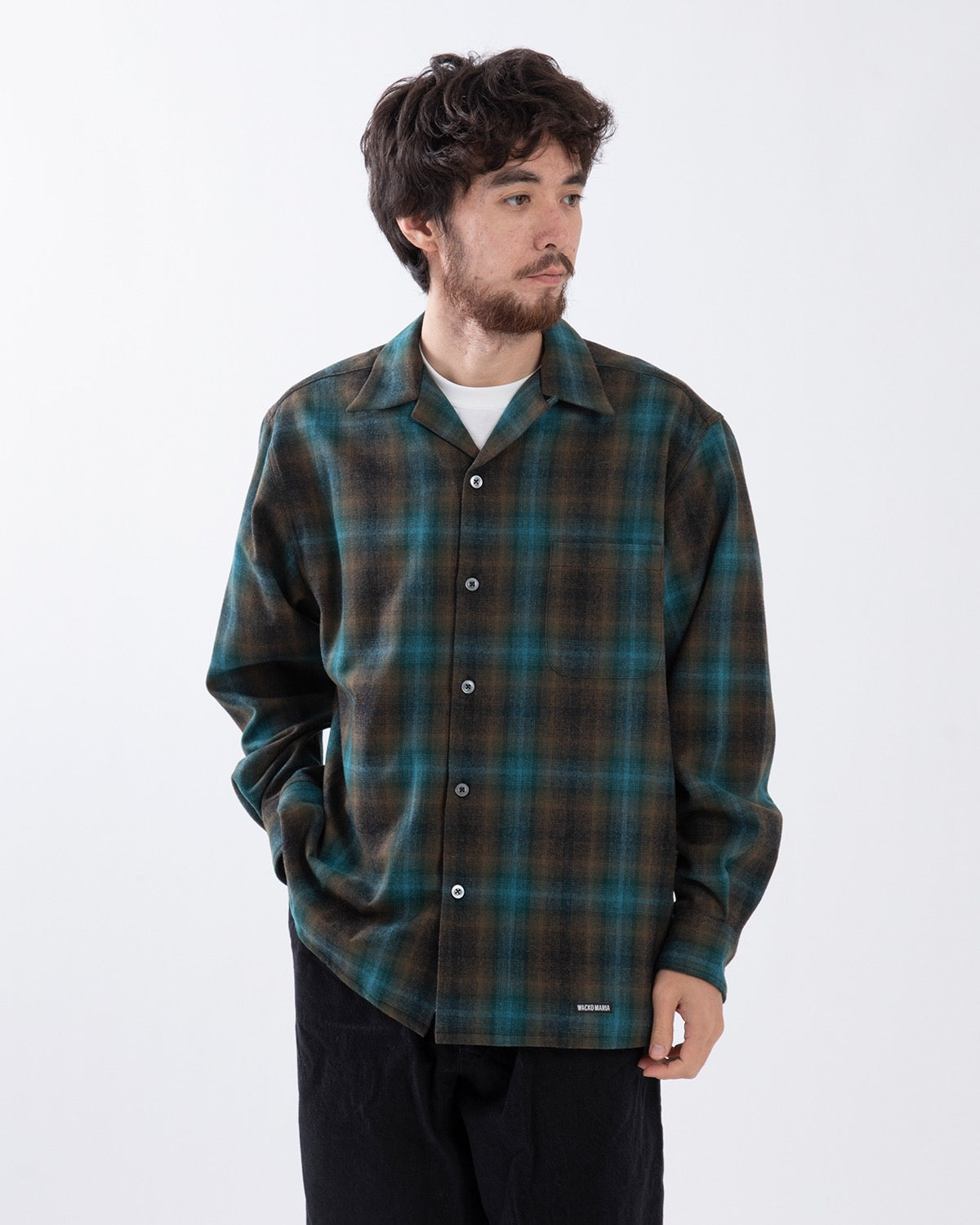 WOOL OMBRE CHECK OPEN COLLAR SHIRT L/S ( TYPE-1 )