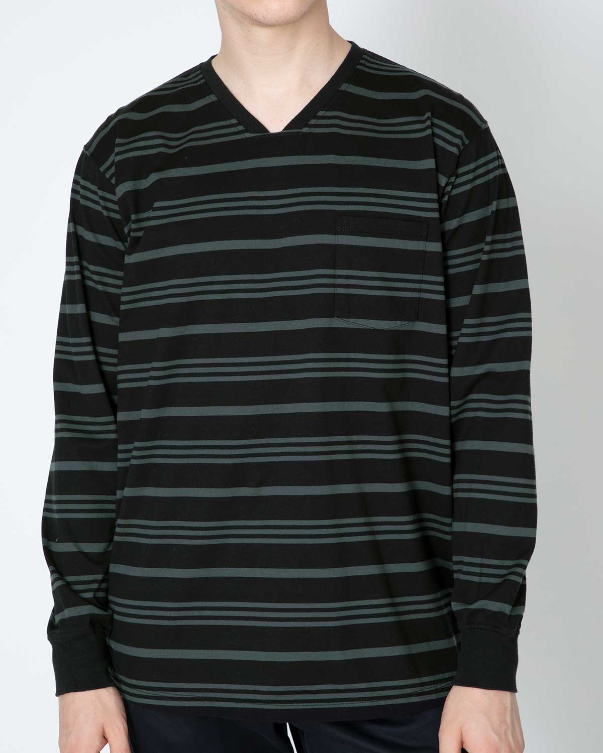 DWELLER L/S V NECK TEE COTTON JERSEY BORDER