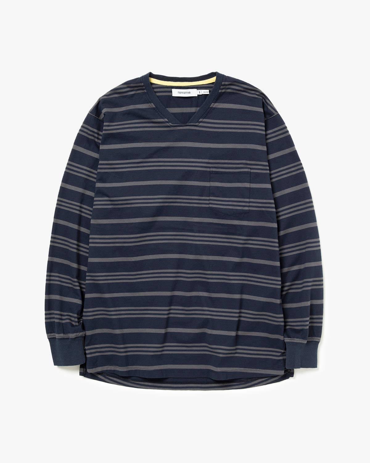 DWELLER L/S V NECK TEE COTTON JERSEY BORDER