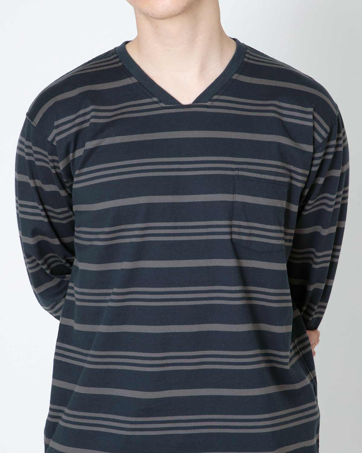 DWELLER L/S V NECK TEE COTTON JERSEY BORDER