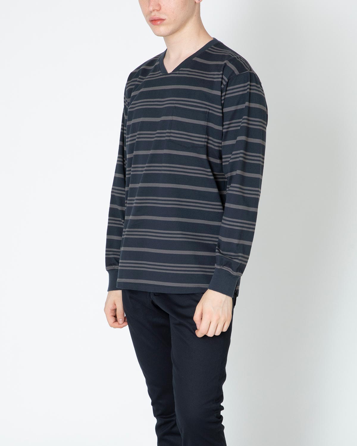 DWELLER L/S V NECK TEE COTTON JERSEY BORDER