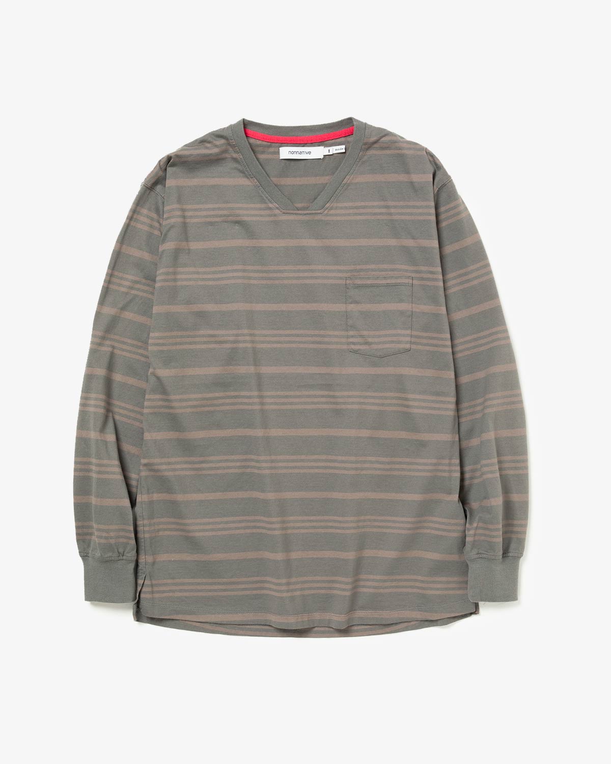 DWELLER L/S V NECK TEE COTTON JERSEY BORDER