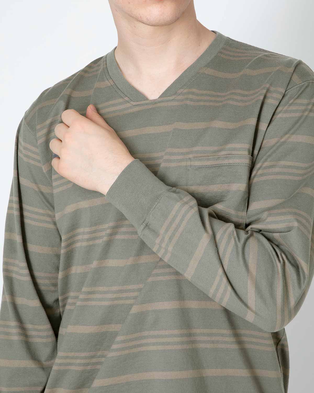 DWELLER L/S V NECK TEE COTTON JERSEY BORDER