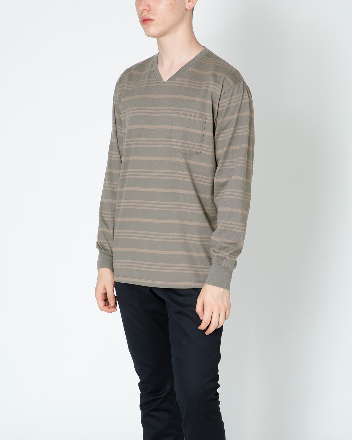 DWELLER L/S V NECK TEE COTTON JERSEY BORDER