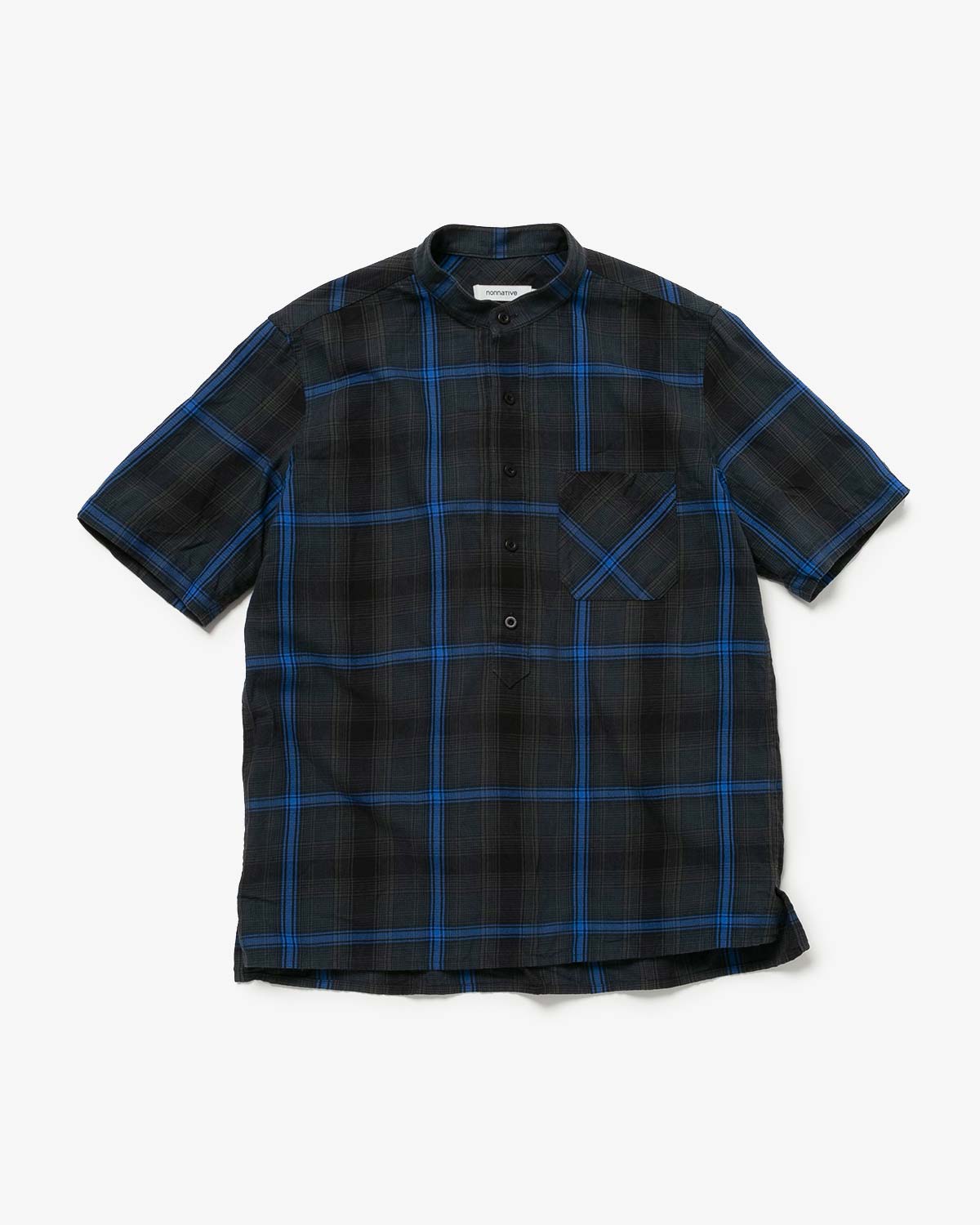 DWELLER STAND COLLAR PULLOVER S/S SHIRT C/P TWILL OMBRE PLAID