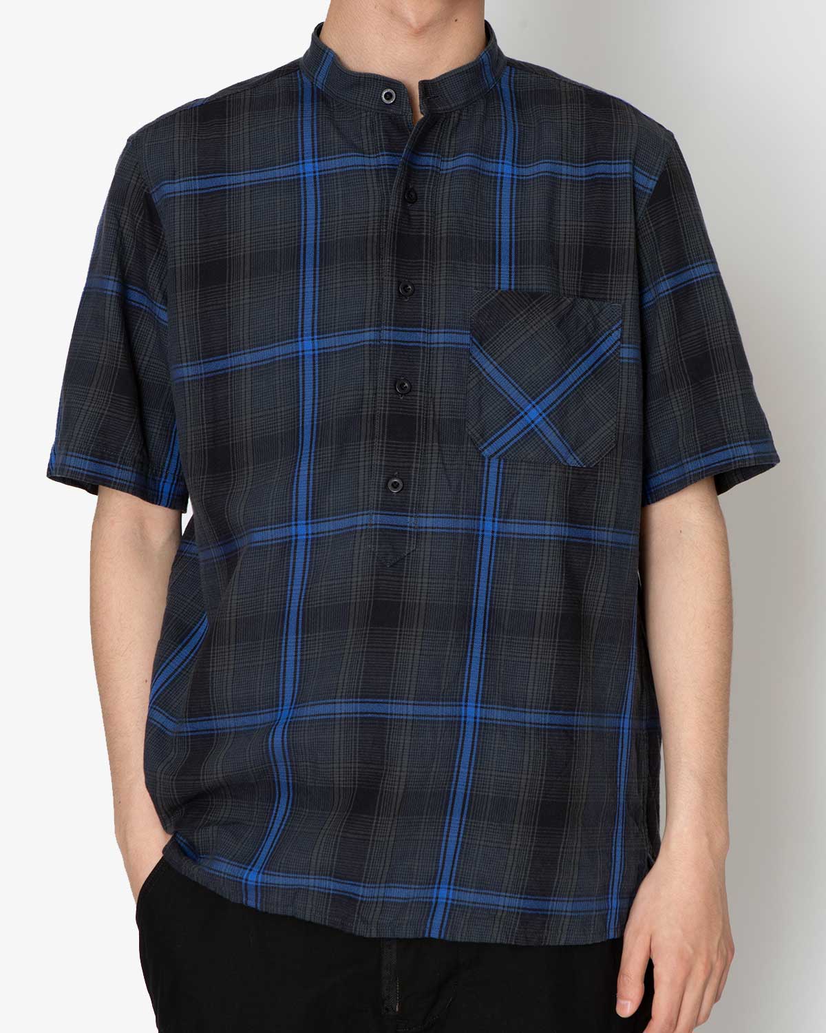 DWELLER STAND COLLAR PULLOVER S/S SHIRT C/P TWILL OMBRE PLAID