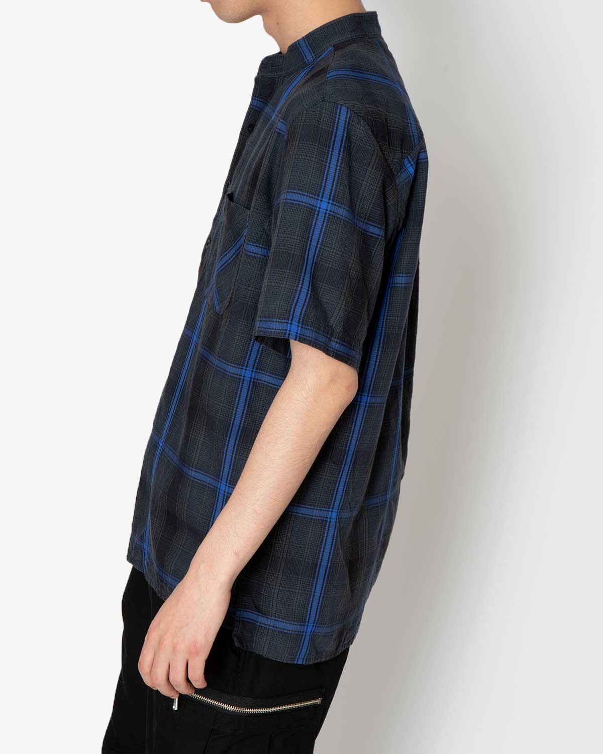 DWELLER STAND COLLAR PULLOVER S/S SHIRT C/P TWILL OMBRE PLAID