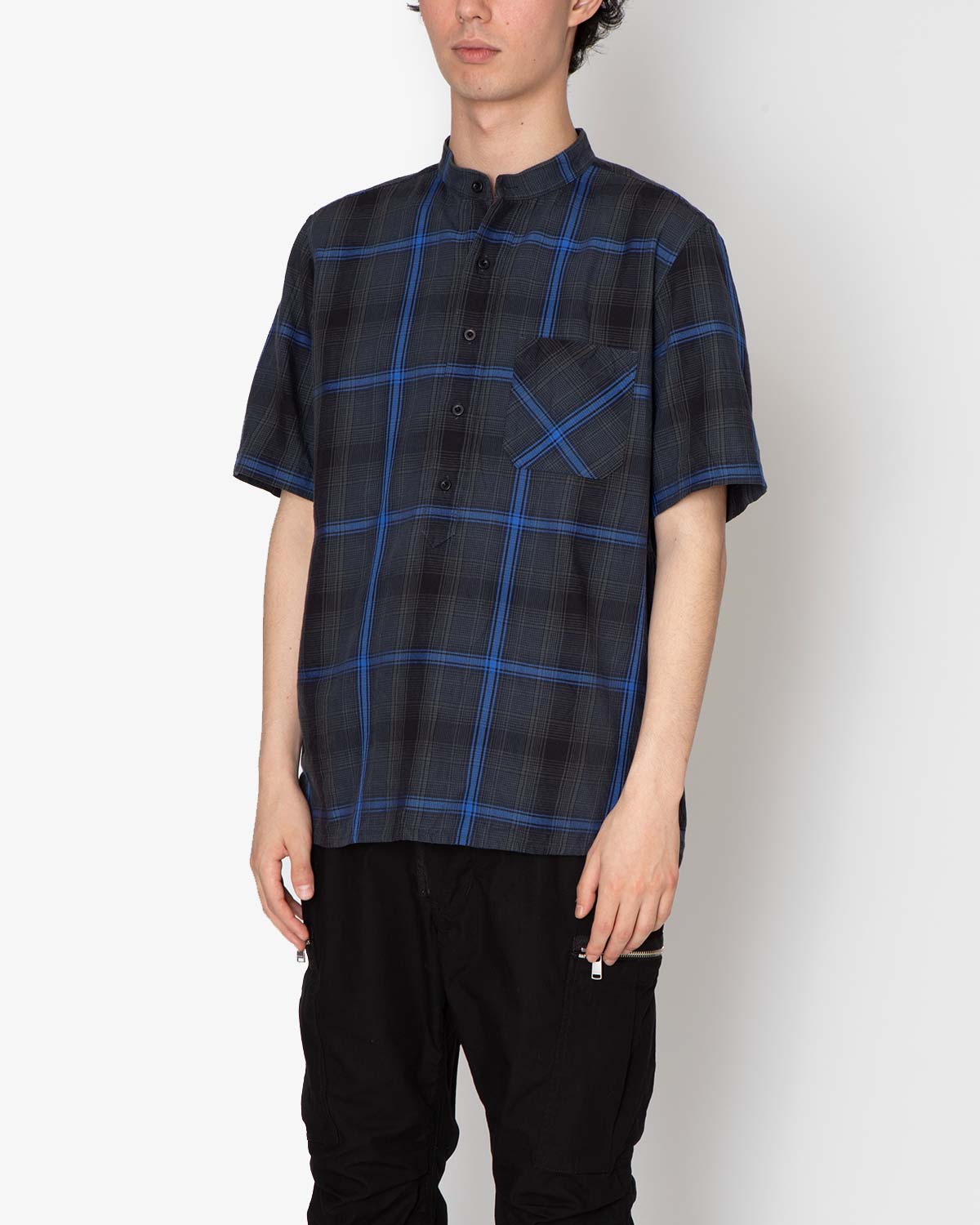 DWELLER STAND COLLAR PULLOVER S/S SHIRT C/P TWILL OMBRE PLAID