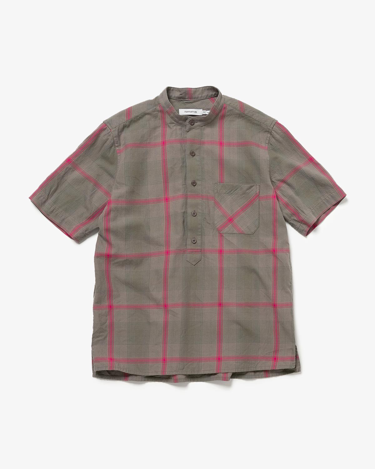 DWELLER STAND COLLAR PULLOVER S/S SHIRT C/P TWILL OMBRE PLAID