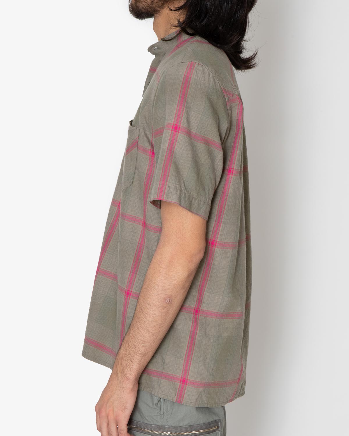 DWELLER STAND COLLAR PULLOVER S/S SHIRT C/P TWILL OMBRE PLAID