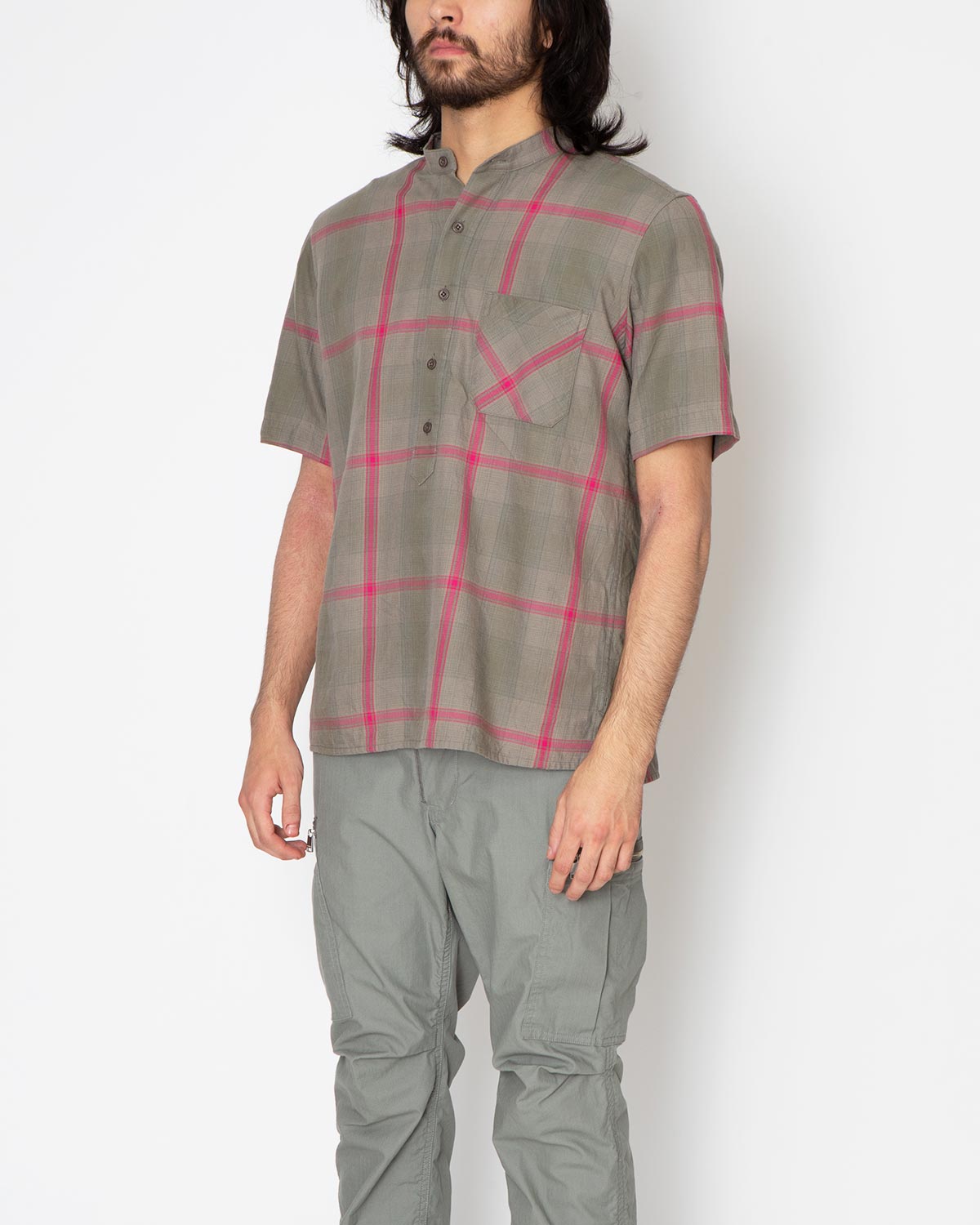 DWELLER STAND COLLAR PULLOVER S/S SHIRT C/P TWILL OMBRE PLAID