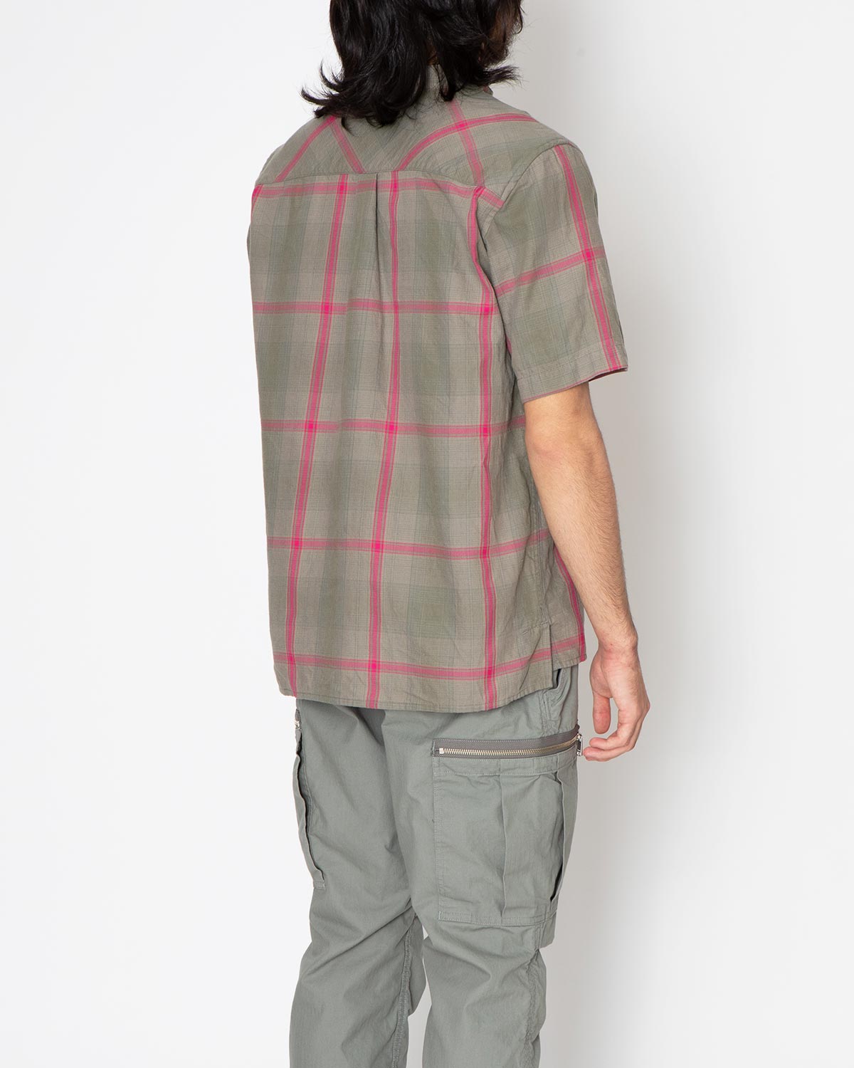 DWELLER STAND COLLAR PULLOVER S/S SHIRT C/P TWILL OMBRE PLAID